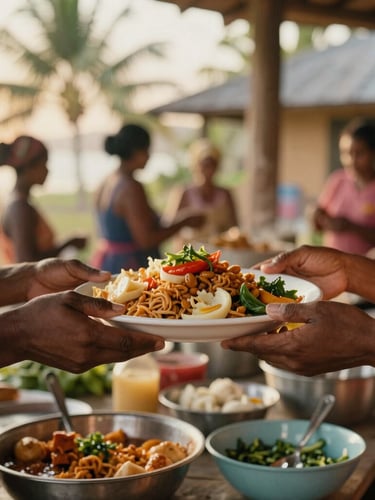 Close-up of hands sharing a warm plate of food in a vibrant community kitchen, tropical golden-hour light, 35mm documentary style.