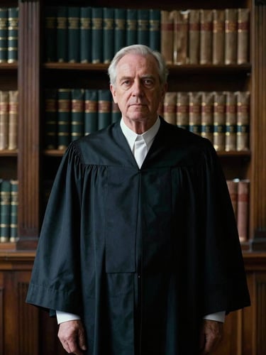 Solemn portrait of a senior jurist in dark robes standing in a heritage library, dramatic chiaroscuro lighting, leather-bound books in the background, cool slate tones