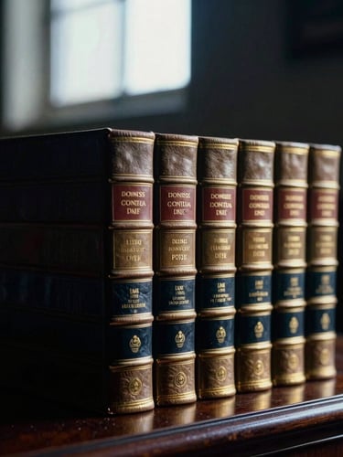 Solemn close-up of leather-bound legal volumes on a dark mahogany desk, dramatic low-key window light, cool navy shadows, warm gold highlights.