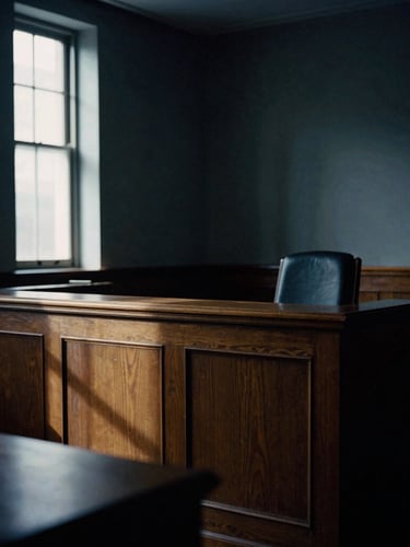 Dramatic low-key photography of a solemn courtroom interior, side window light hitting a dark wood judge's bench, deep shadows, cool navy and warm gold tones, 35mm film.