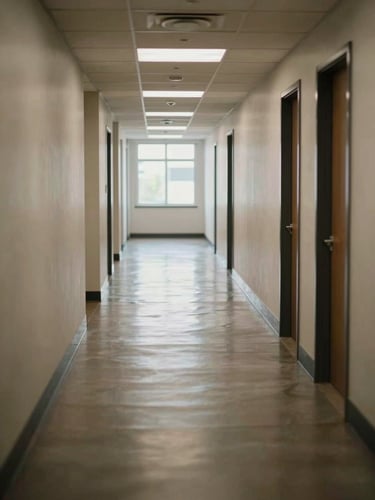 Wide shot of a freshly waxed commercial hallway in an office building, natural daylight entering from windows at the far end, neutral color temperature, floor surface reflecting overhead light, corridor receding into the distance, no people in frame