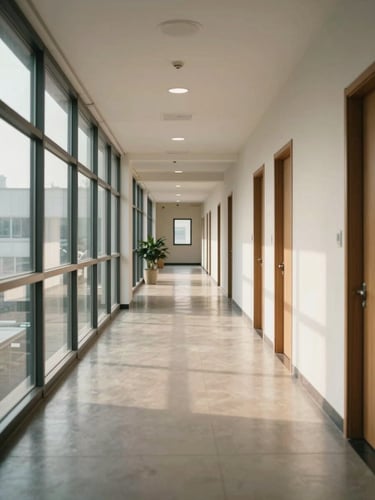 Wide environmental shot of a freshly mopped commercial office corridor, natural daylight from side windows, neutral color temperature, polished hard floors reflecting light, empty hallway showing room-scale cleanliness, no people