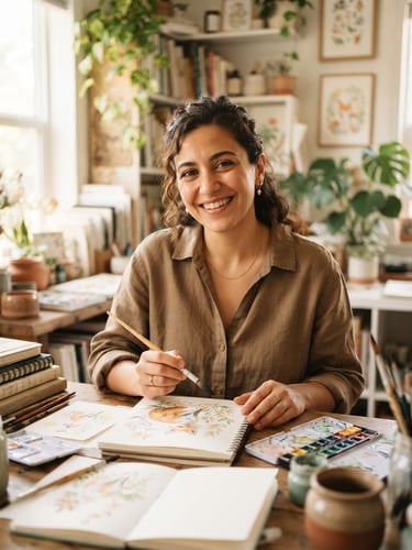 A warm, sunlit portrait of children's author Selena Leylazi in her art studio, holding a watercolor brush, surrounded by soft paper textures and delicate sketchbooks, soft natural daylight, shallow depth of field