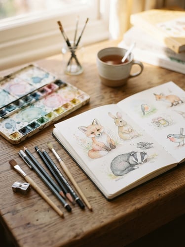 Warm editorial photograph of a sunlit wooden desk with watercolor palettes, soft pencils, and delicate sketches of whimsical animals, shallow depth of field