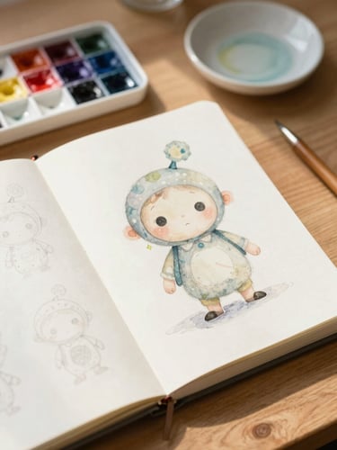 Candid view of an open artist sketchbook on a sunlit wooden table, showing pencil drafts of a whimsical character beside ceramic watercolor paint pans, soft daylight.