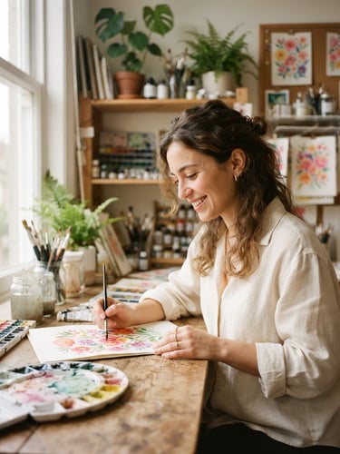 Candid portrait of illustrator Selena Leylazi in her sunlit studio, holding a watercolor brush, soft natural daylight, warm pastel tones, shallow depth of field