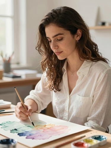 Candid portrait of artist Selena Leylazi in her sunlit studio, holding a paintbrush over a soft watercolor wash, warm natural daylight, delicate pastel tones.
