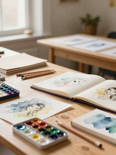 Wide panoramic view of Selena's sunlit studio, wooden tables covered in watercolor palettes, soft pencils, and sketchbooks, warm natural light pouring through a window