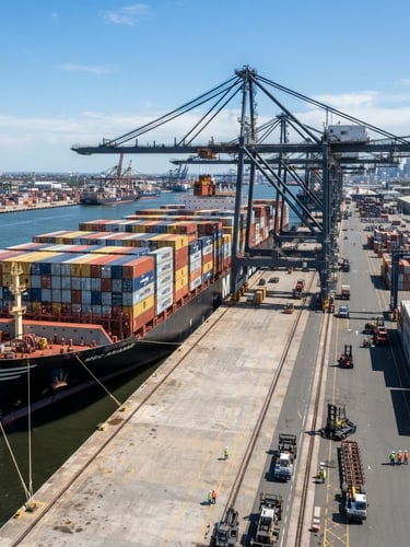Wide-angle architectural shot of a modern container ship docked at port during bright daylight, clean industrial lines, high-contrast slate tones.