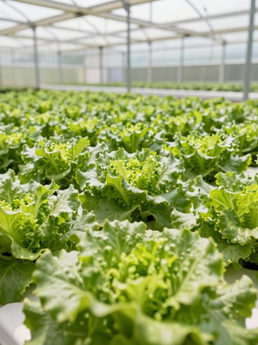 Close-up of clean automated agricultural greenhouse systems, bright natural daylight, focusing on crisp green leafy vegetables with high-contrast clarity.