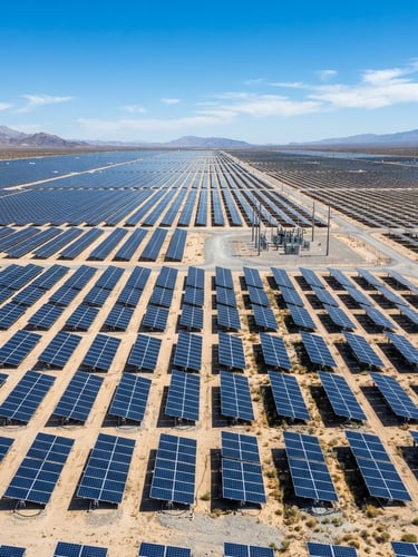 Wide-angle architectural shot of a massive desert solar array under bright natural daylight, crisp high-contrast silicon panels reflecting clear sky