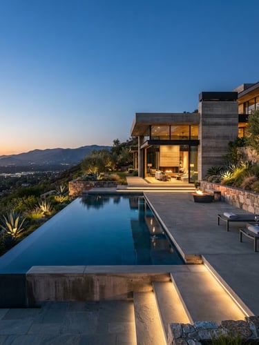 Architectural concrete pool integrated with a modern hillside residence at twilight, clean structural lines, soft landscape lighting, environmental photography