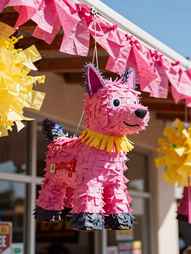 A bright, close-up editorial shot of the Reyes Nopalitos storefront on Airline Drive, colorful piñatas hanging under the Texas sun, vibrant pink and yellow tissue paper catching the light, 35mm lens.