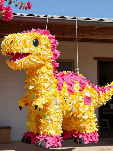 Vibrant portrait of a giant, custom-sculpted dinosaur piñata hanging in the bright Texas sun outside the workshop, saturated colors of bougainvillea pink and marigold yellow tissue paper texture.