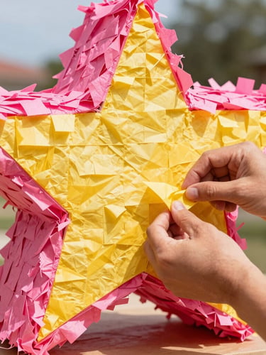 Close-up of artisan hands layering colorful pink and yellow tissue paper onto a custom star-shaped piñata frame, bright Texas daylight, shallow depth of field.
