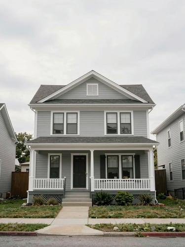A quiet, natural-light exterior of a classic South Minneapolis craftsman home, soft overcast sky, realistic neighborhood setting, 35mm lens