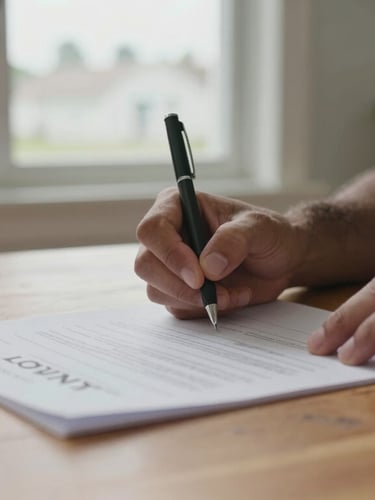 A close-up of hands calmly signing real estate paperwork on a warm wooden table, soft overcast window light, natural tones, documentary style