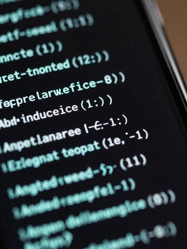Extreme close-up macro shot of a physical Android screen showing high-contrast terminal code, subtle cyan edge-light reflecting off matte glass.