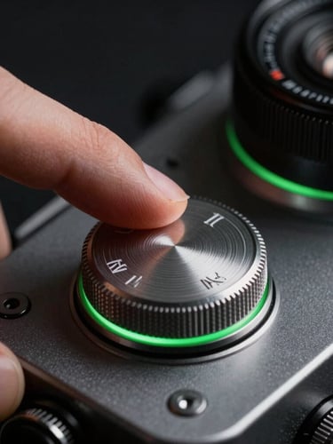 Macro portrait shot of a finger interacting with a physical metallic dial on a dark matte surface, high-contrast lighting with green accents