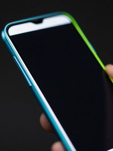 Extreme close-up macro shot of a physical Android screen showing a high-contrast terminal interface, sharp cyan and neon green edge-lights reflecting off matte metal borders, dark low-key studio lighting.