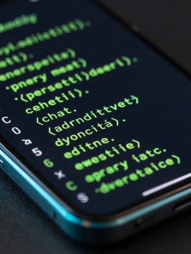 Extreme close-up macro shot of a physical Android smartphone screen displaying a dense code-terminal interface with neon green typography, low-key dramatic studio lighting with cyan edge-lights reflecting off the matte metal chassis.