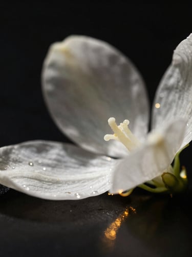 Macro close-up of a single, pristine jasmine petal, dramatically lit with chiaroscuro studio lighting, sharp shadows, deep black background, high-contrast luxury product photography.
