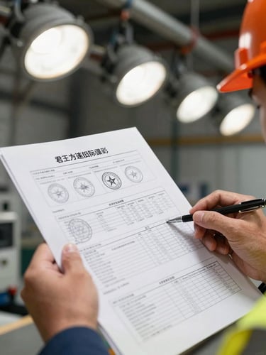 Close-up of a safety engineer's hands reviewing a technical specification sheet with certification stamps, industrial overhead lighting, high-contrast, technical detail.