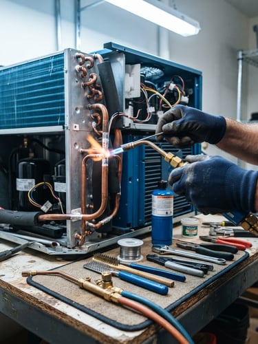 Close-up of hands repairing copper pipes of an air conditioner, clean tools on a workspace, bright utility lighting, high contrast blue tones, 35mm lens