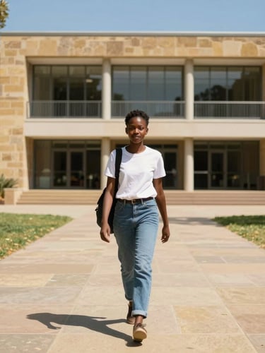 An East African student walking on a sunny Australian university campus, modern sandstone architecture in the background, bright daylight.