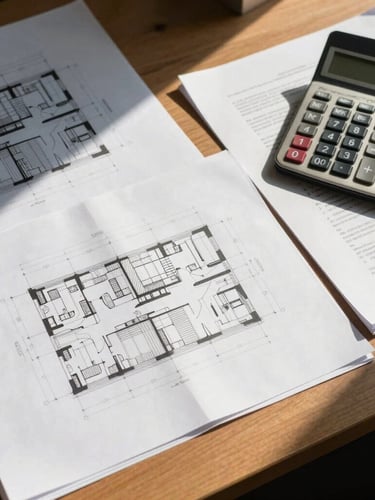 A top-down view of architectural blueprints, a calculator, and academic documents arranged on a wooden table, sharp daylight casting clean shadows.