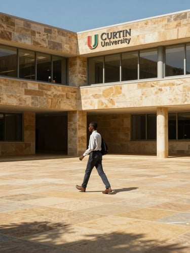 An East African student walking across the sunlit, modern sandstone campus of Curtin University in Perth, wide angle, bright daylight.