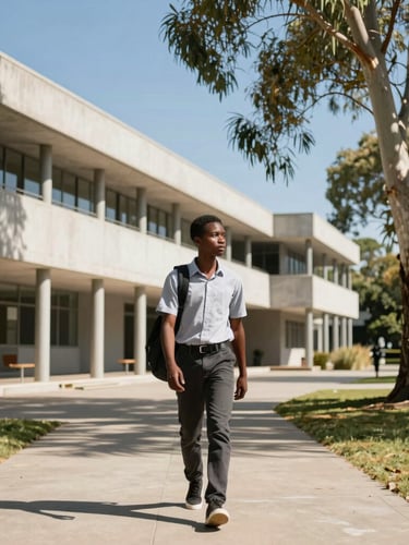 A young East African student walking on a sunny modern university campus in Perth, architectural concrete and eucalyptus trees in the background, bright natural daylight.