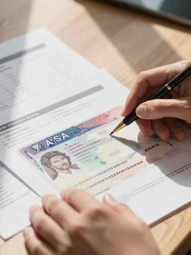 A close-up of hands reviewing visa documents and financial spreadsheets on a wooden desk, warm sunlight streaming across the papers, clean and professional framing