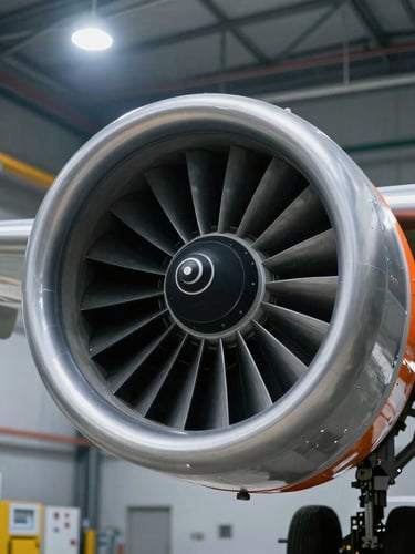 Close-up of aircraft turbine maintenance under high-contrast industrial hangar lighting, cool metallic tones, sharp focus, 35mm