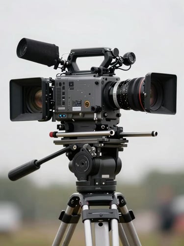 A close-up of a heavy digital cinema camera rigged on a solid tripod, soft overcast daylight highlighting the metallic textures.