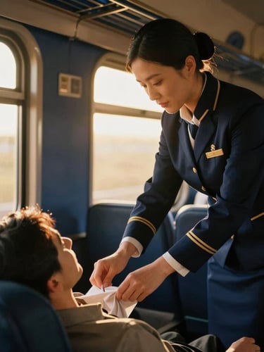 A dedicated rail concierge assisting a traveler in a luxurious train cabin, warm golden light streaming through the window, soft focus on the concierge's hands and the traveler's relaxed posture, cinematic, 35mm