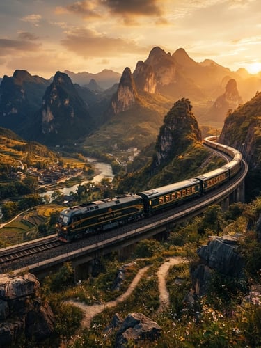 Wide panoramic view of a luxury train winding through dramatic Chinese mountain landscapes at golden hour, elegant and cinematic.