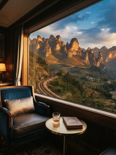 Wide panoramic view from a luxury train suite window, showing a dramatic northern Chinese mountain landscape under golden hour light, elegant interior details in the foreground. Cinematic, 35mm.