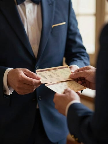 Close-up of a well-dressed concierge's hands holding a vintage train ticket and a personalized itinerary, elegant and discreet, soft lighting.