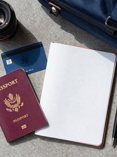 A top-down flat lay of international travel essentials for a student, including a passport, a sleek multi-currency forex card, a clean notebook, and a pen on a slate-gray desk in bright natural daylight.