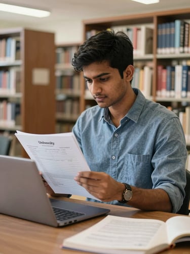 A medium shot of an Indian student in a bright, daylight-filled library, focused on comparing university data sheets on a laptop, clean and organized study environment.