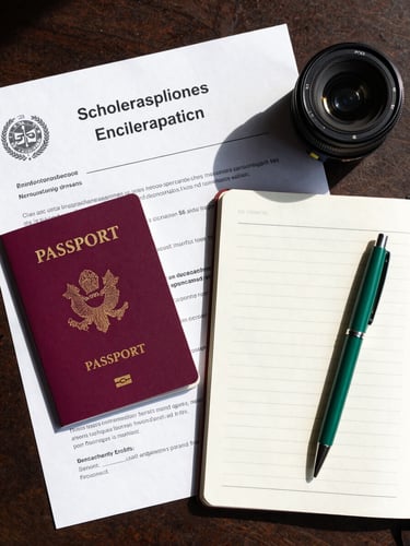 Top-down flat lay of study abroad essentials including a passport, scholarship application documents, a clean notebook, and an emerald green pen under bright natural daylight.