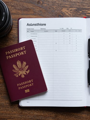 Top-down flat lay of a student desk with a passport, a clean financial ledger, a notebook, and a sleek pen under natural daylight