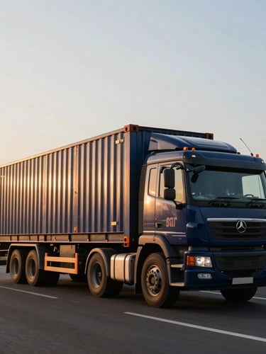 Cinematic industrial photography of a modern cargo truck driving on an Indian highway at sunrise, golden morning light reflecting off the metallic container, wide-angle lens, 35mm
