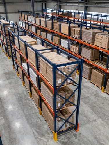 Overhead high-angle view of an organized, modern high-bay logistics warehouse with clean concrete floors, industrial high-key lighting, deep navy steel framing, cinematic 35mm