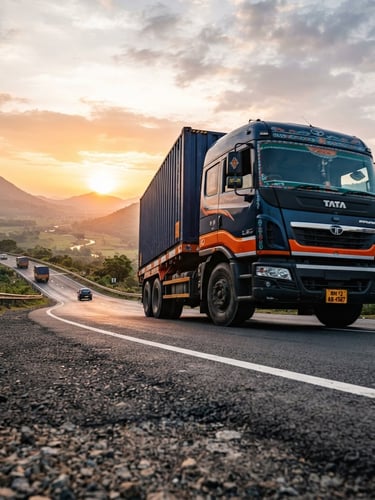 Low-angle dynamic shot of a modern cargo truck on an Indian highway during sunrise, cinematic industrial photography, deep navy and safety orange tones, wide-angle lens, 35mm