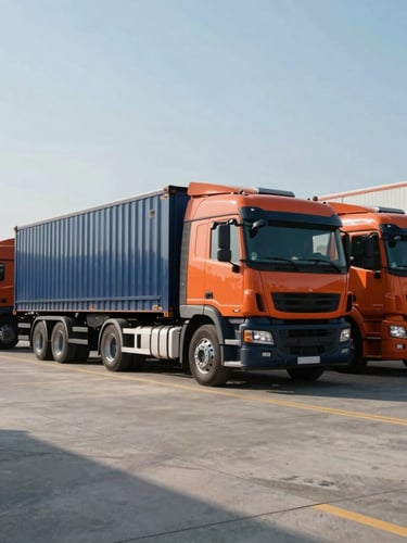 Cinematic industrial photography of a modern cargo truck fleet parked at a clean, high-bay distribution terminal, crisp morning daylight, navy and orange accent tones, wide-angle lens
