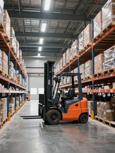Interior of a modern, highly organized high-bay logistics warehouse with high shelves and a forklift in motion, clean industrial lighting, navy and orange accents