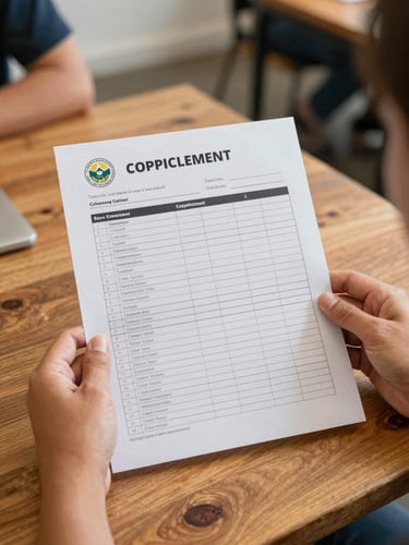 Natural editorial photography of hands holding a physical compliance checklist on a wooden table, soft West Australian daylight, focus on the paper document.