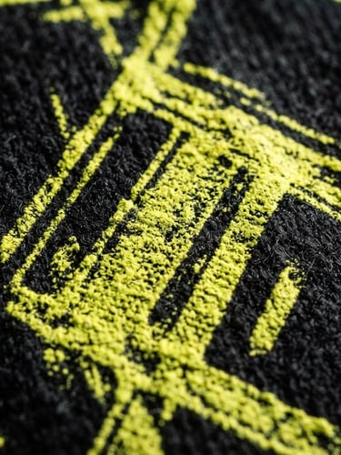Macro shot of high-contrast screen-printing texture on thick black cotton fabric, dramatic studio lighting with deep shadows, neon yellow ink detail, 35mm